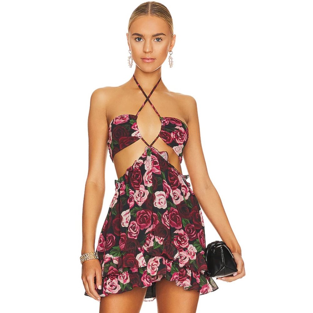 MAJORELLE Pink Rose Print Cutout Mini Dress
